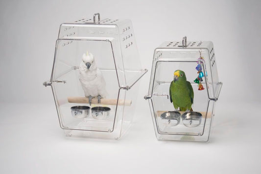 The lightweight, transparent Wingabago® carrier for birds and exotic pets gives your pet a clear view of their surroundings and allows you to monitor their safety quickly. Birds do not feel trapped or claustrophobic in the Wingabago®. They can see out and you can see in. Veterinarians consulted indicated bird experience less stress during travel if they can see their owners. This is the best bird carrier for parrots. The LARGE is a good choice for African Grays, Cockatoos, Mini Macaws, and Eclectus.