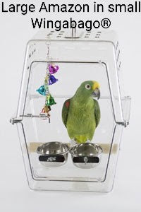 The lightweight, transparent Wingabago® carrier for birds and exotic pets gives your pet a clear view of their surroundings and allows you to monitor their safety quickly. Birds do not feel trapped or claustrophobic in the Wingabago®. They can see out and you can see in. Veterinarians consulted indicated bird experience less stress during travel if they can see their owners. This is the best bird carrier for parrots. The SMALL is good for Cockatiels, Senegal Parrots, Caiques, Quaker Parrots, conure